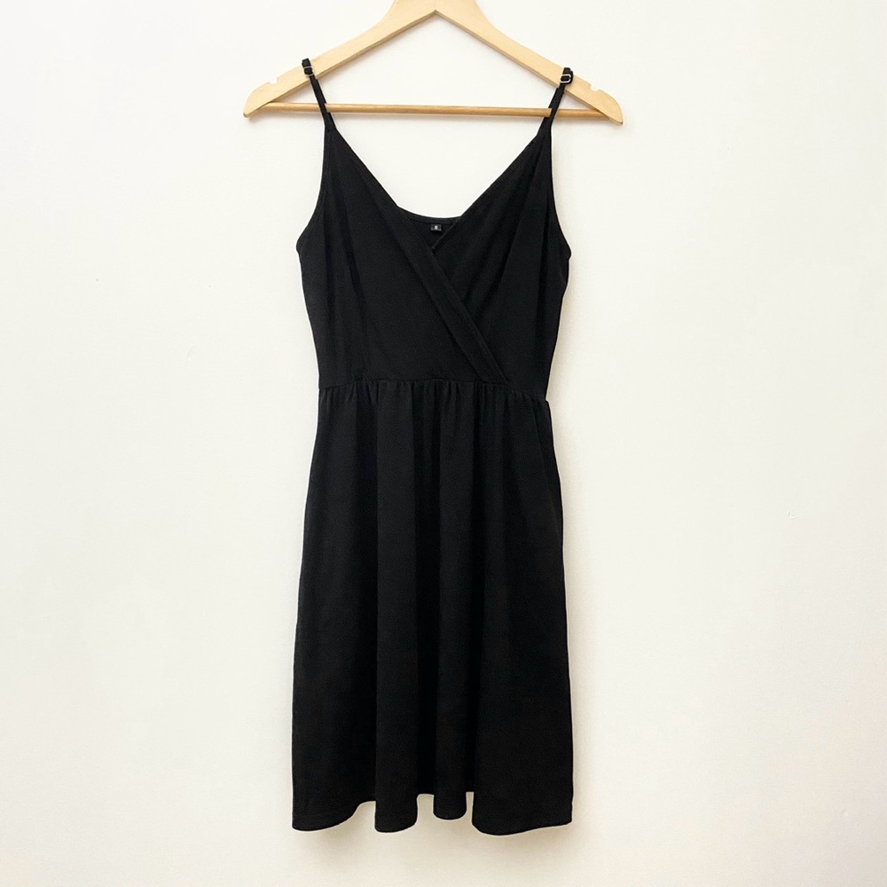 Black Cotton V-Neck Mini Dress